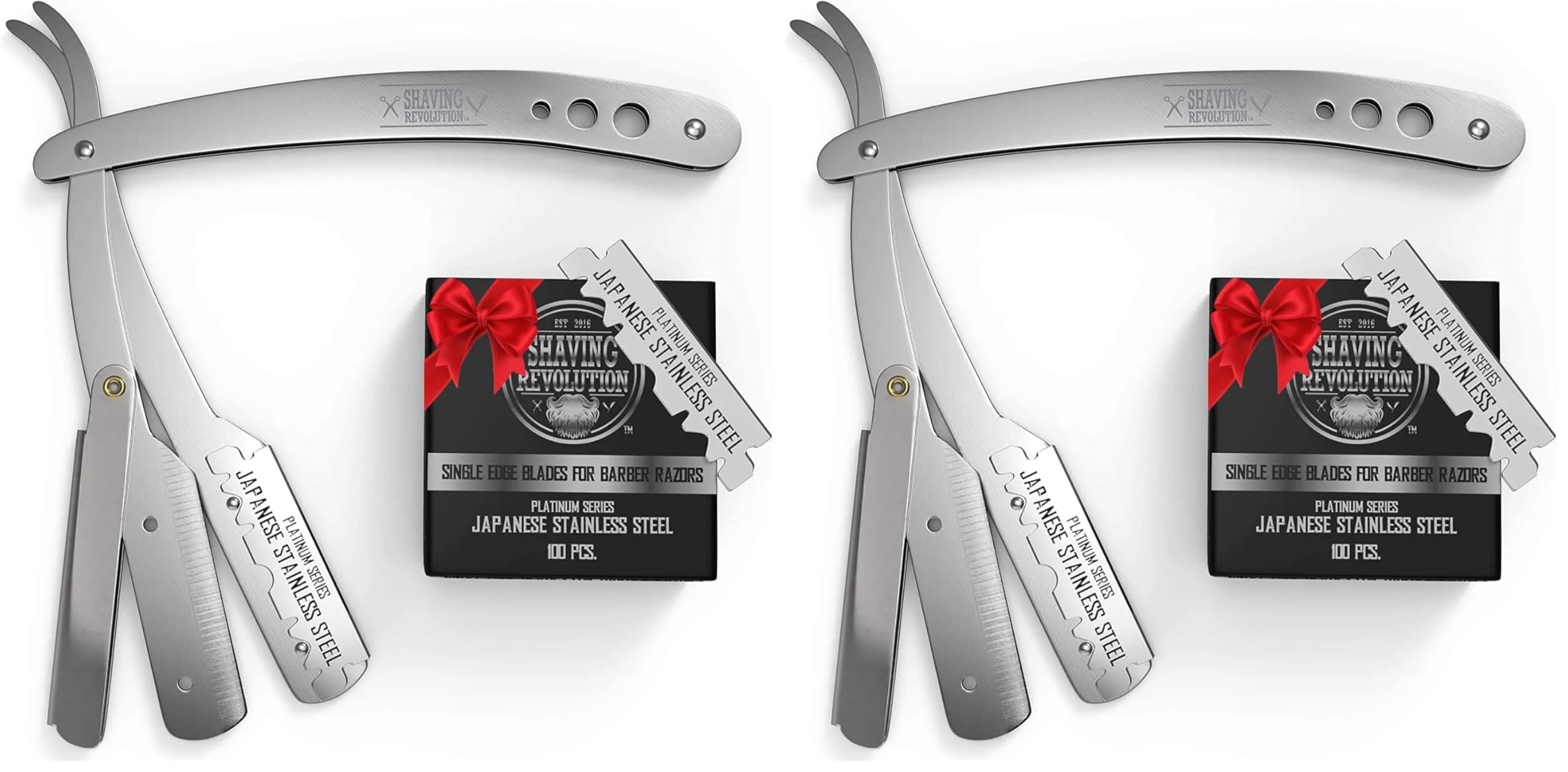 SHAVING REVOLUTION Straight Edge Barber Razor for Men - Professional Straight Blade Razor Kit with 100 Single Edge Blades (Pack of 2)