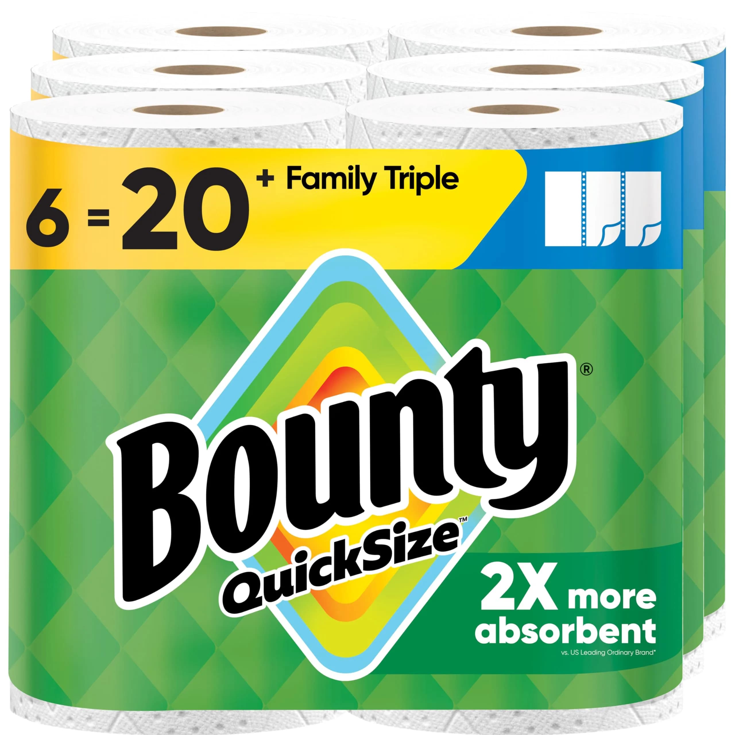 Bounty Quick Size Paper Towels White 6 Family Triple Rolls (846 Sheets) | 2x More Absorbent for Fast Cleanup