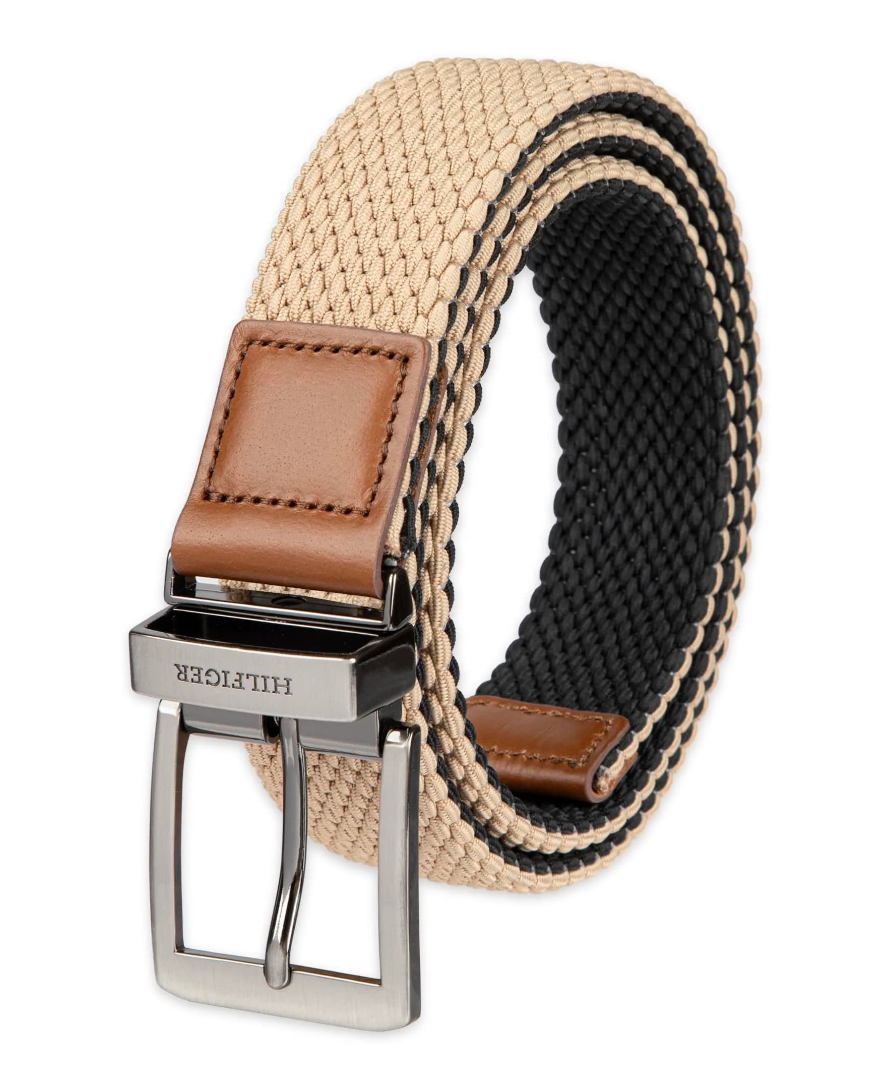 Tommy Hilfiger Men's Tan/Black Stretch Cord Reversible Fabric Belt, Medium - main product image