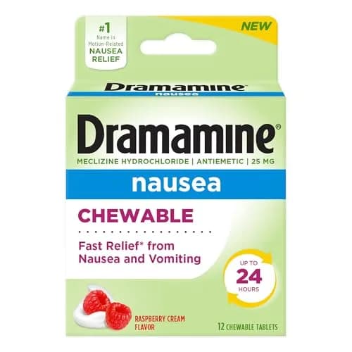Dramamine Nausea Relief Chewable Raspberry Cream 12 Count | Fast 24-Hour Motion Sickness Support thumbnail 1