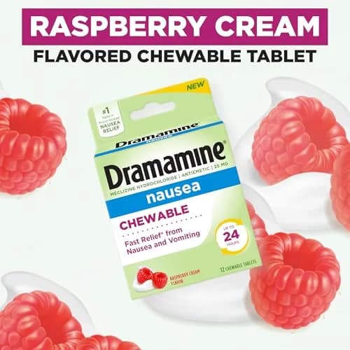 Dramamine Nausea Relief Chewable Raspberry Cream 12 Count | Fast 24-Hour Motion Sickness Support thumbnail 5