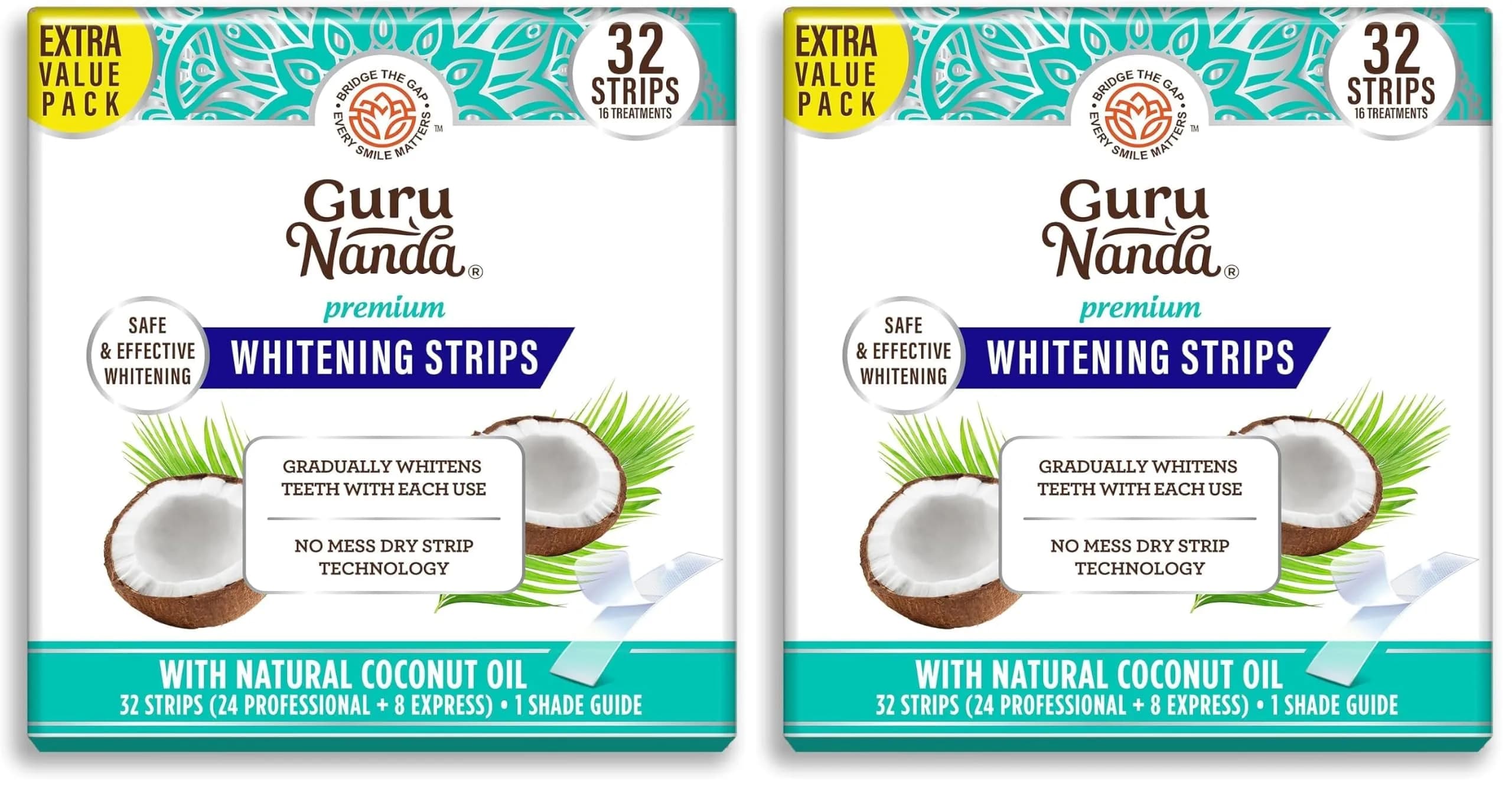 GuruNanda Teeth Whitening Strips Kit 32 Count (Pack of 2) | 16-Day Treatment with Hydrogen Peroxide & Coconut Oil - main product image