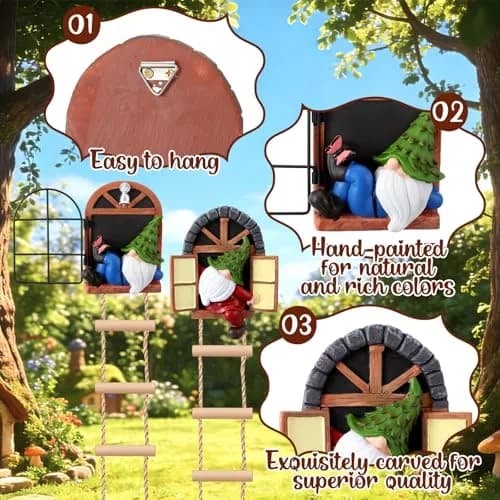 Thyle 4 Pcs Garden Gnomes Tree Hugger, Elf Statue Outdoor, Woodland Style | Fairy Tale Garden Decor thumbnail 4