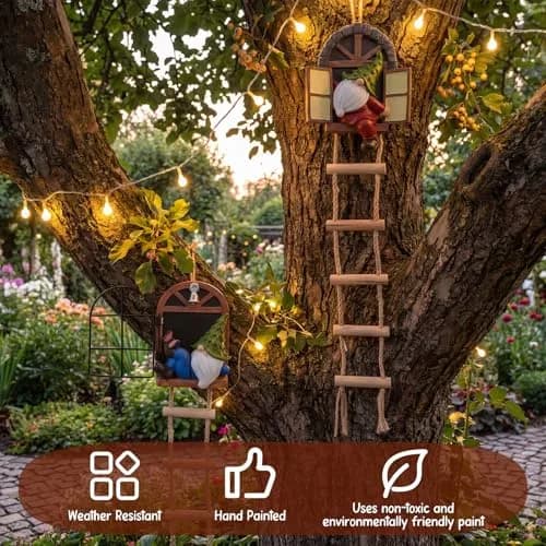 Thyle 4 Pcs Garden Gnomes Tree Hugger, Elf Statue Outdoor, Woodland Style | Fairy Tale Garden Decor thumbnail 3