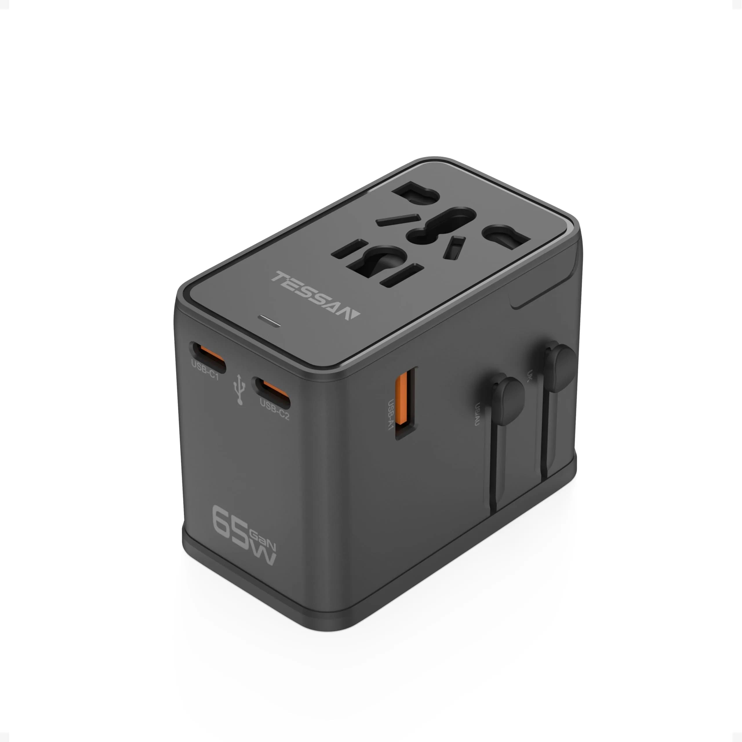 TESSAN Universal Travel Adapter 65W International Power Adapter with 4 USB Ports (2 USB-C, 2 USB-A) for 150+ Countries | Orange Black - main product image