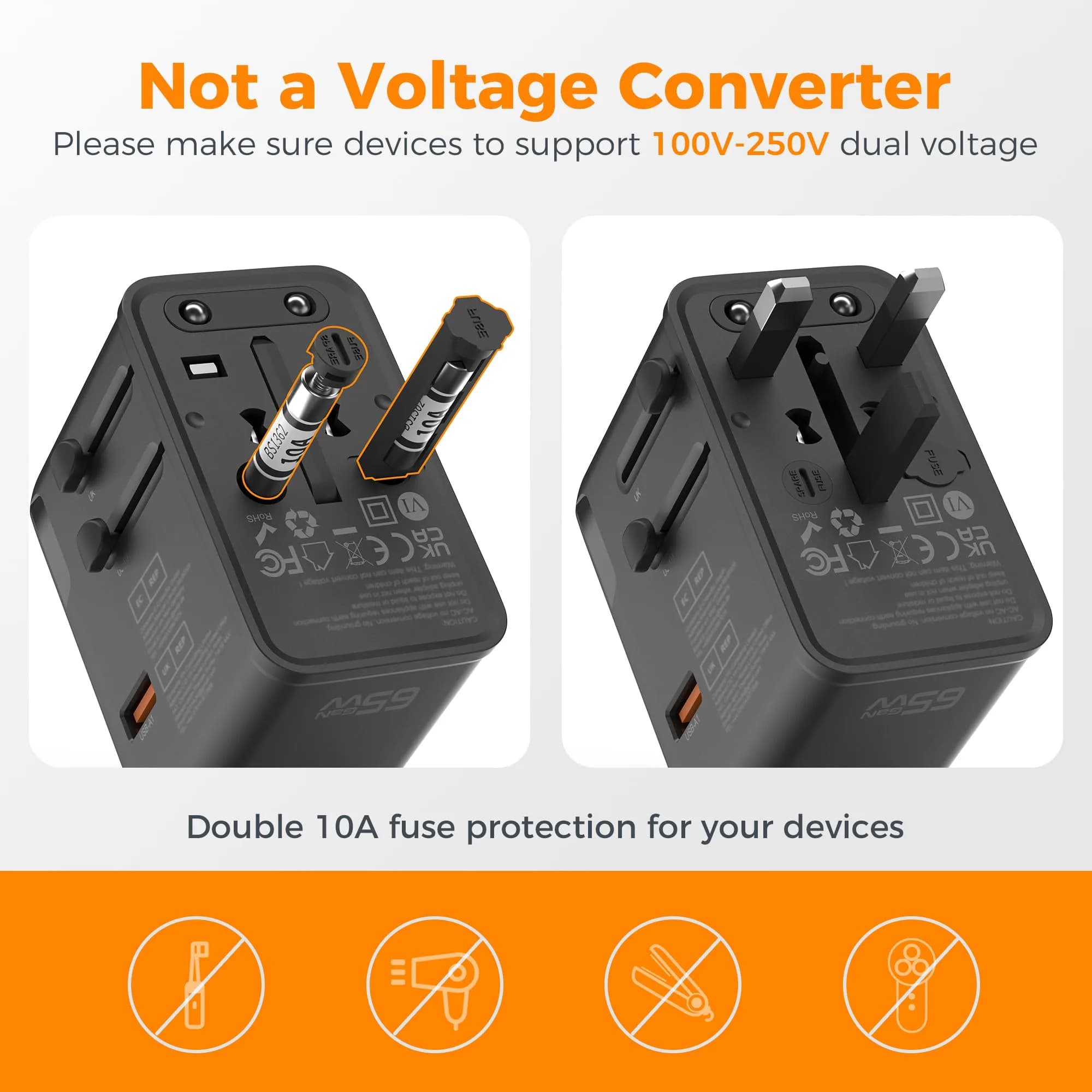 TESSAN Universal Travel Adapter 65W International Power Adapter with 4 USB Ports (2 USB-C, 2 USB-A) for 150+ Countries | Orange Black - view 6