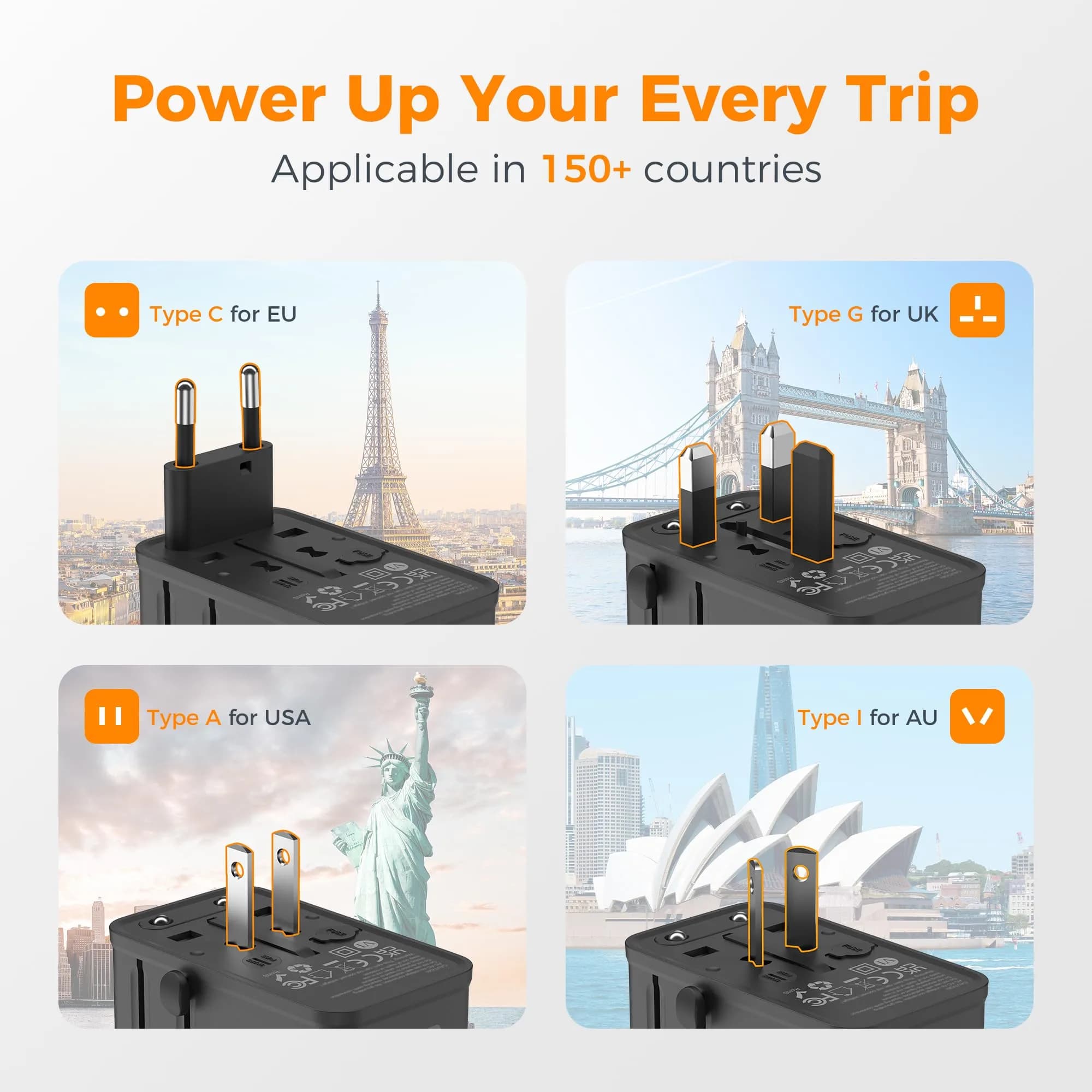TESSAN Universal Travel Adapter 65W International Power Adapter with 4 USB Ports (2 USB-C, 2 USB-A) for 150+ Countries | Orange Black - view 2