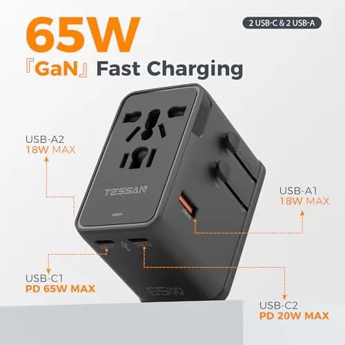 TESSAN Universal Travel Adapter 65W International Power Adapter with 4 USB Ports (2 USB-C, 2 USB-A) for 150+ Countries | Orange Black thumbnail 3