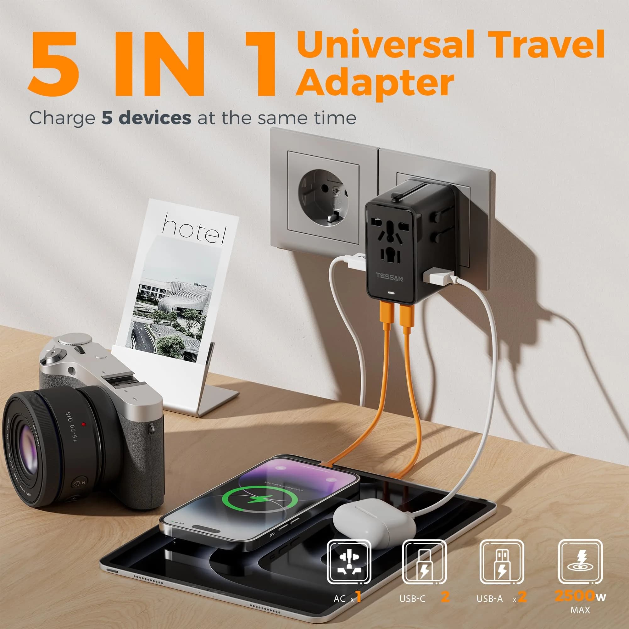 TESSAN Universal Travel Adapter 65W International Power Adapter with 4 USB Ports (2 USB-C, 2 USB-A) for 150+ Countries | Orange Black - view 4