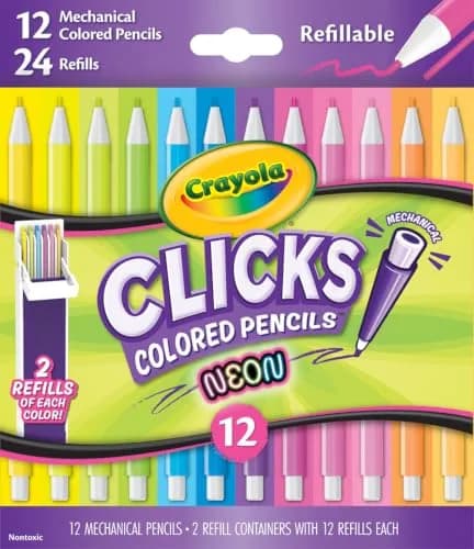 Crayola Clicks Mechanical Colored Pencil Set 12 Neon Colors 2.0mm | Smooth Lines for Kids Ages 5+ thumbnail 1
