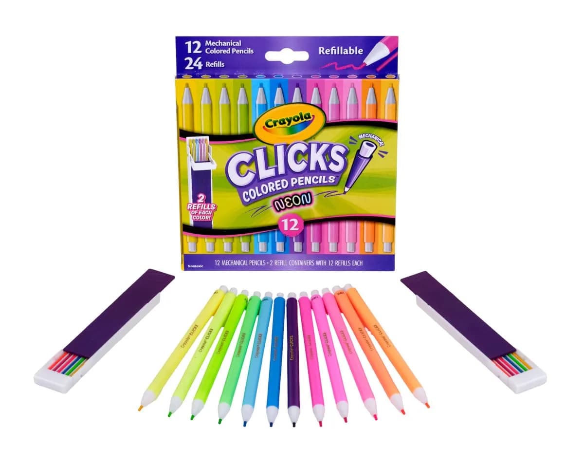Crayola Clicks Mechanical Colored Pencil Set 12 Neon Colors 2.0mm | Smooth Lines for Kids Ages 5+ - view 2