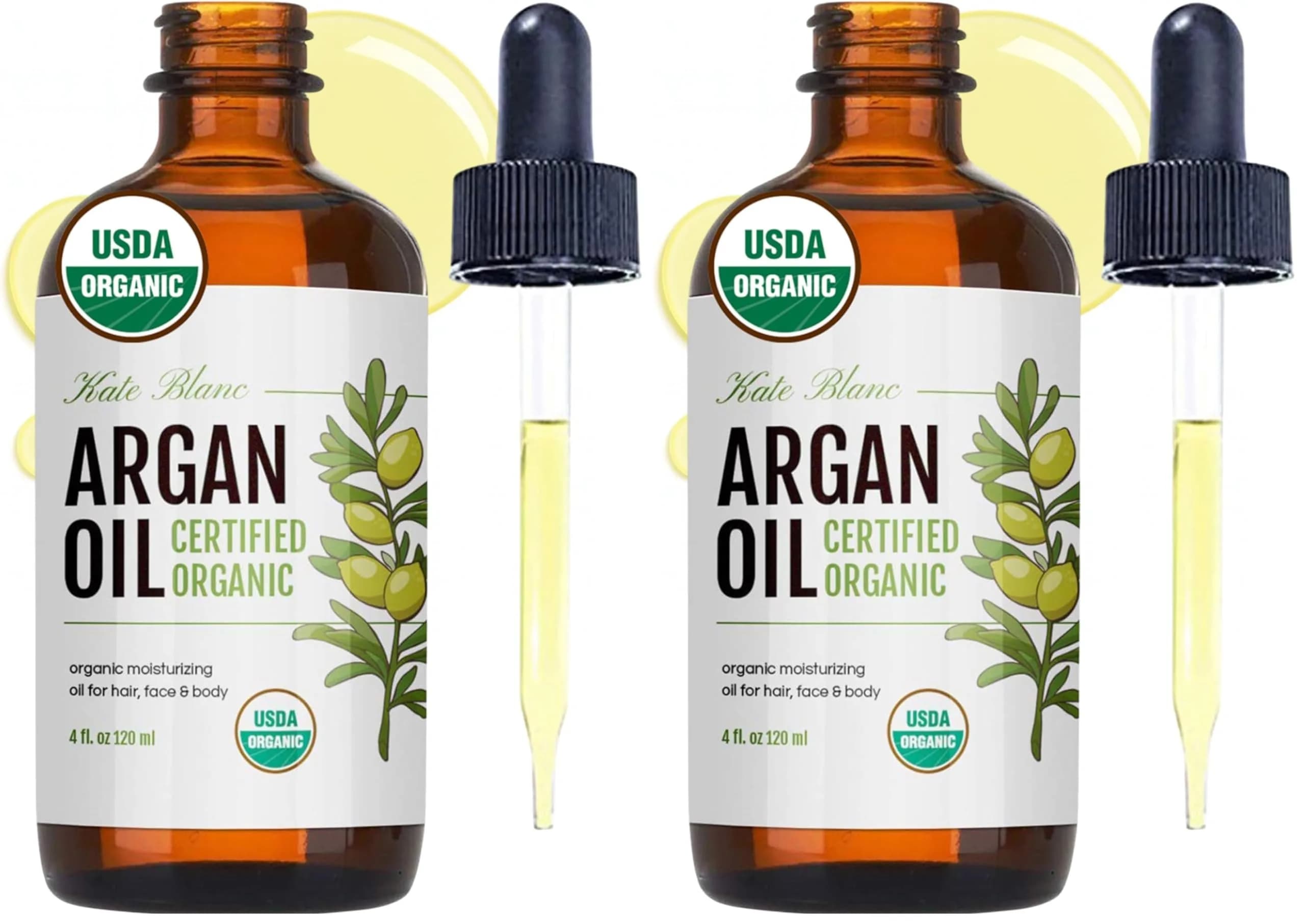 Kate Blanc Cosmetics USDA Certified Organic Argan Oil for Hair, Face & Skin 8 Fl Oz (4 Fl Oz x 2) | Cold Pressed Pure Moroccan Oil — Golden