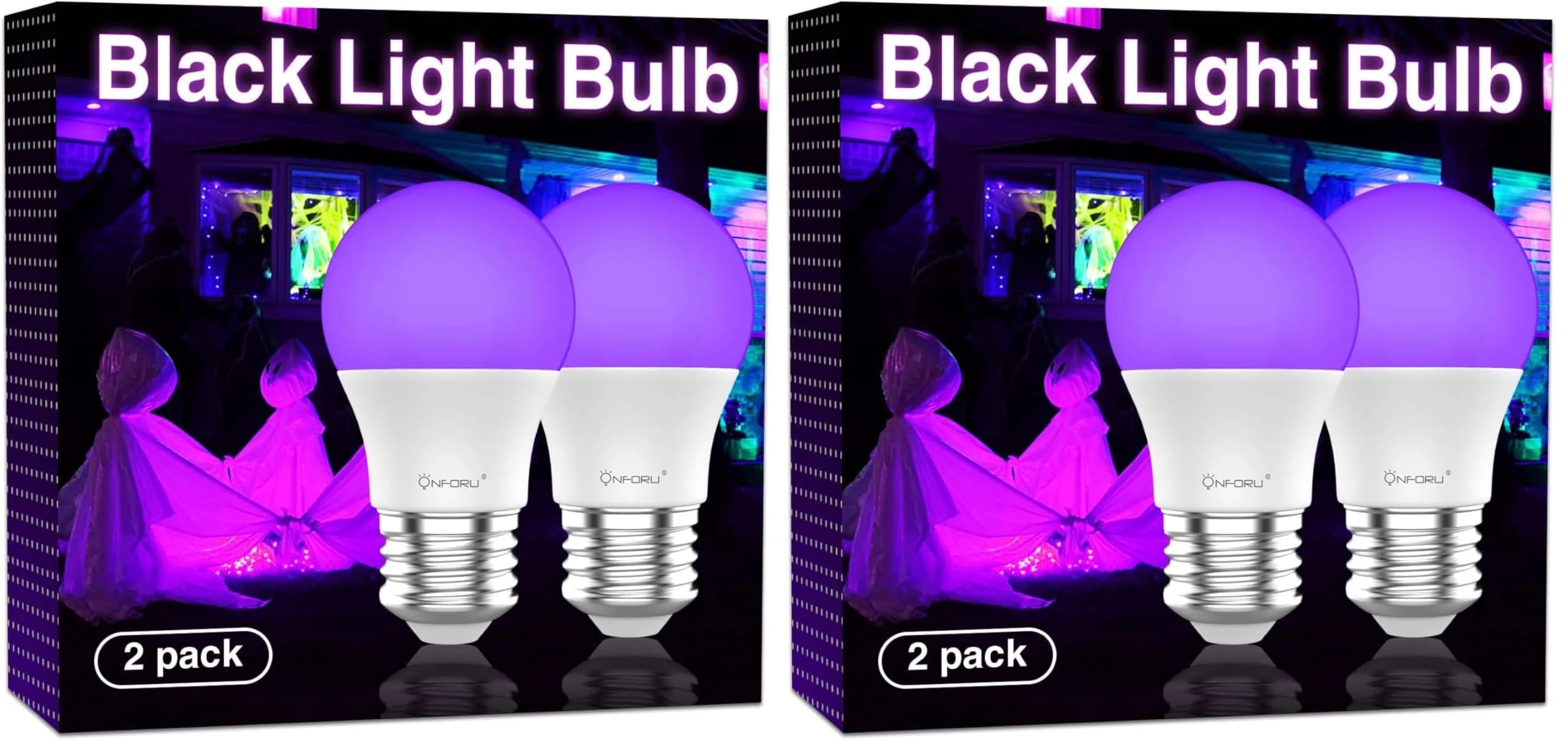 Onforu 15W LED Black Light Bulbs, E26 120W Equivalent, 385-400nm UV-A, Pack of 2 | Glow Party & Halloween Lighting — 9w