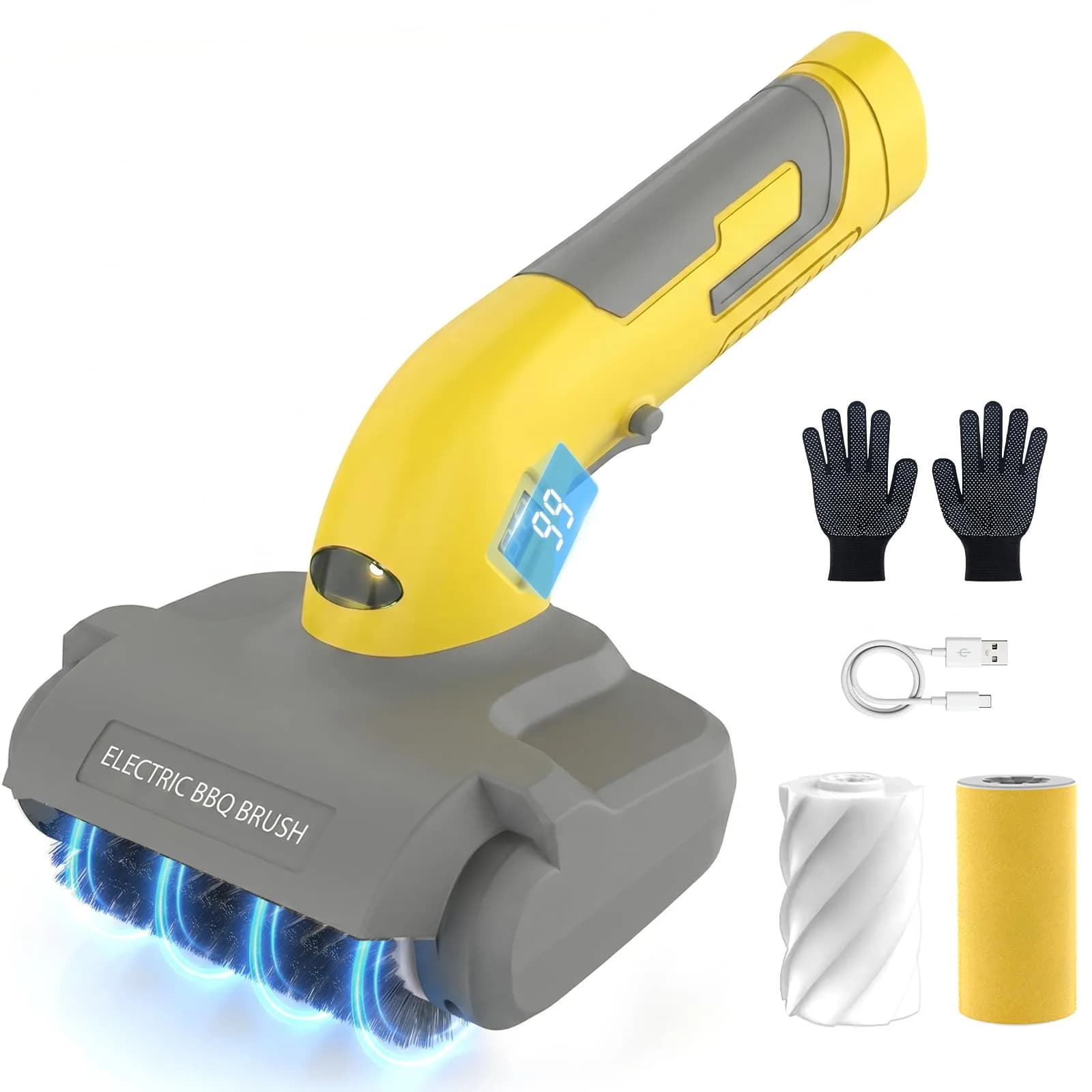 AURYAO Electric Grill Brush with LED Light | 3-in-1 Replaceable Heads, Cordless, 1200 RPM, Type-C Rechargeable, Outdoor BBQ