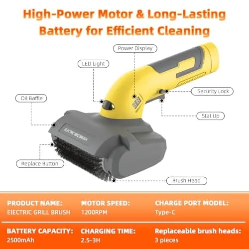 AURYAO Electric Grill Brush with LED Light | 3-in-1 Replaceable Heads, Cordless, 1200 RPM, Type-C Rechargeable, Outdoor BBQ thumbnail 8