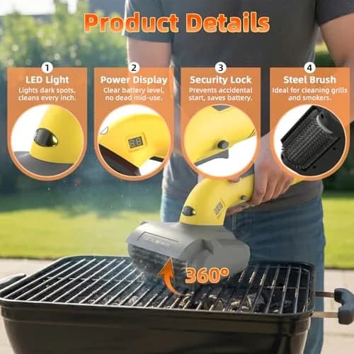 AURYAO Electric Grill Brush with LED Light | 3-in-1 Replaceable Heads, Cordless, 1200 RPM, Type-C Rechargeable, Outdoor BBQ thumbnail 3