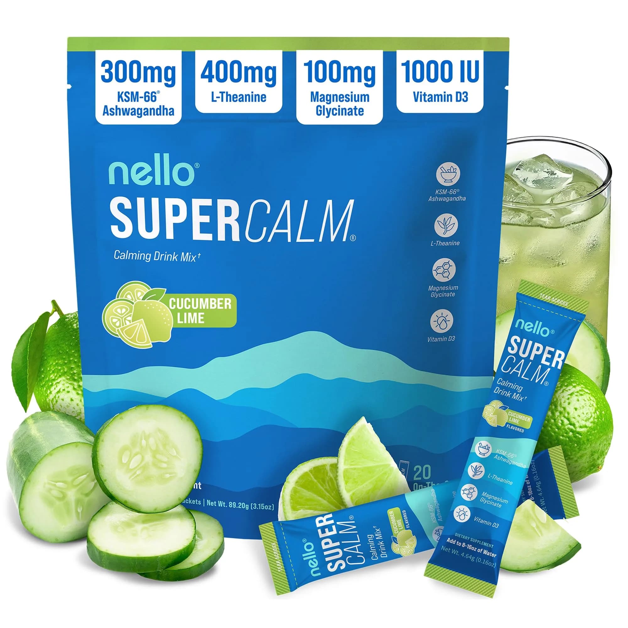 Nello SuperCalm Powdered Drink Mix Cucumber Lime 20 Ct | Cortisol Reducer and Sleep Aid Supplement - main product image