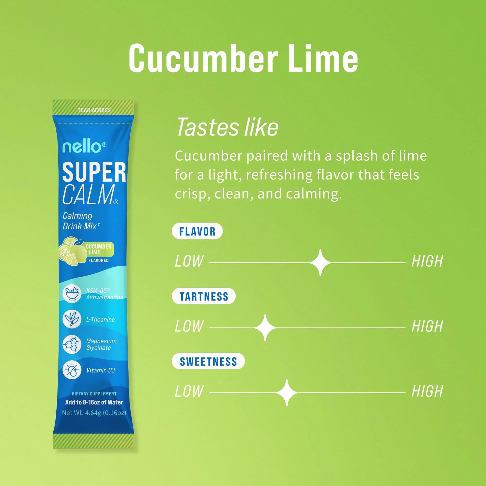 Nello SuperCalm Powdered Drink Mix Cucumber Lime 20 Ct | Cortisol Reducer and Sleep Aid Supplement - view 2