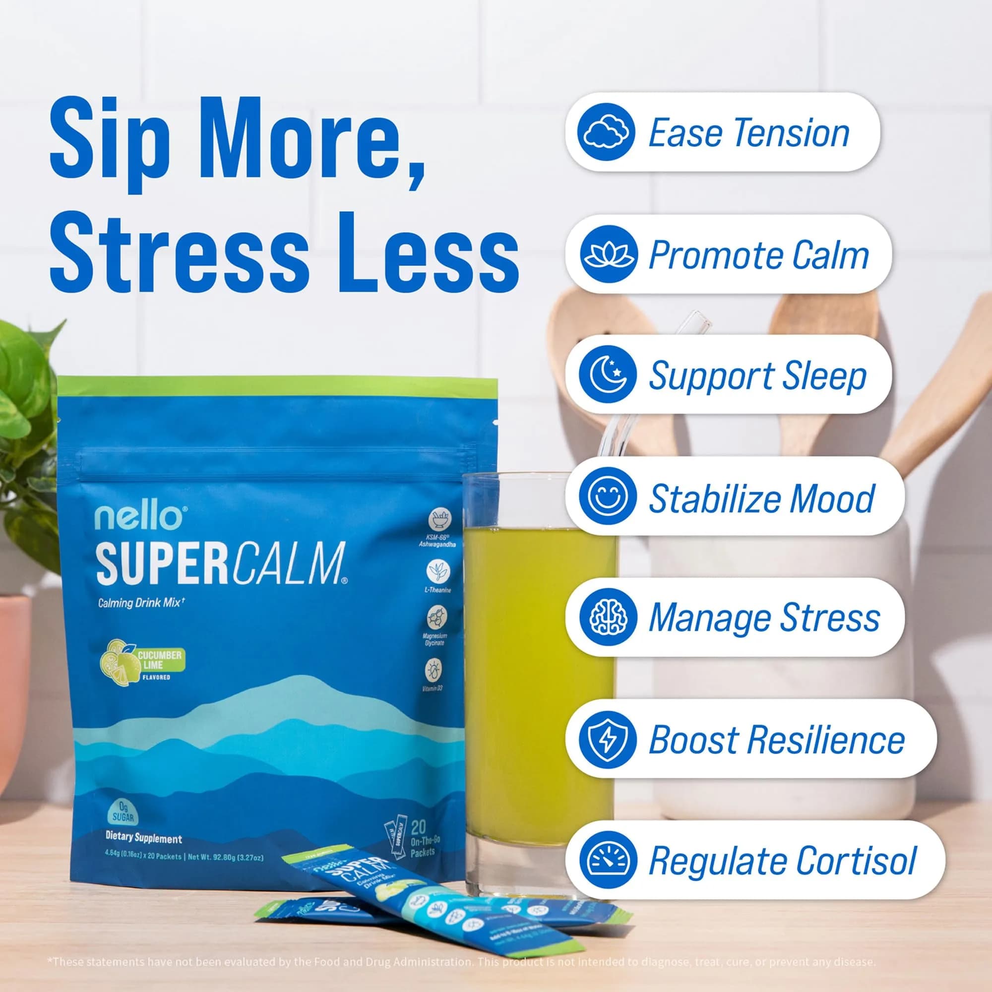Nello SuperCalm Powdered Drink Mix Cucumber Lime 20 Ct | Cortisol Reducer and Sleep Aid Supplement - view 3