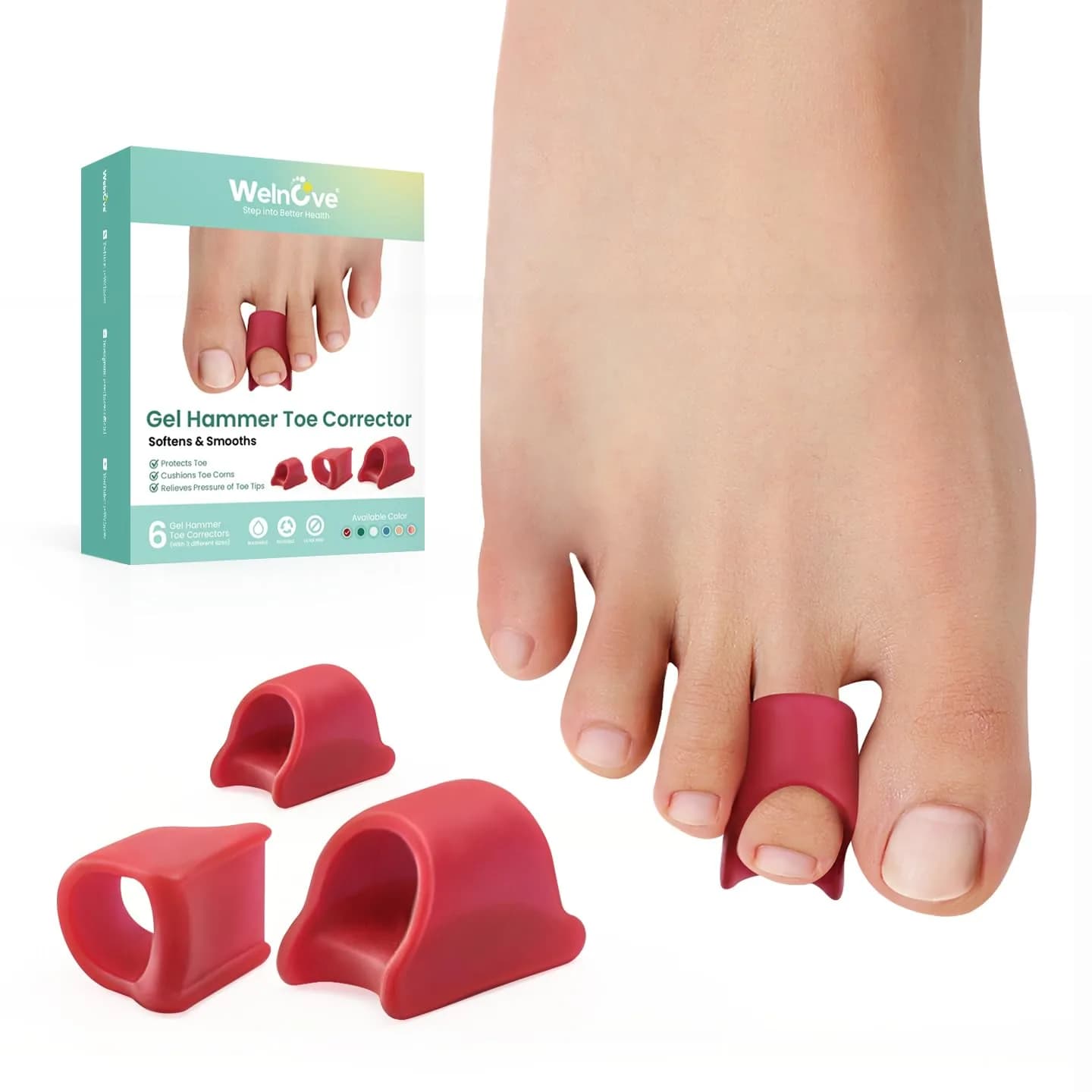 Welnove Hammertoe Corrector - 6 Pack Toe Splints - Soft Gel Toe Straighteners - Realign Bent, Curled, Crooked, Claw, Hammer Toes (Red) - main product image