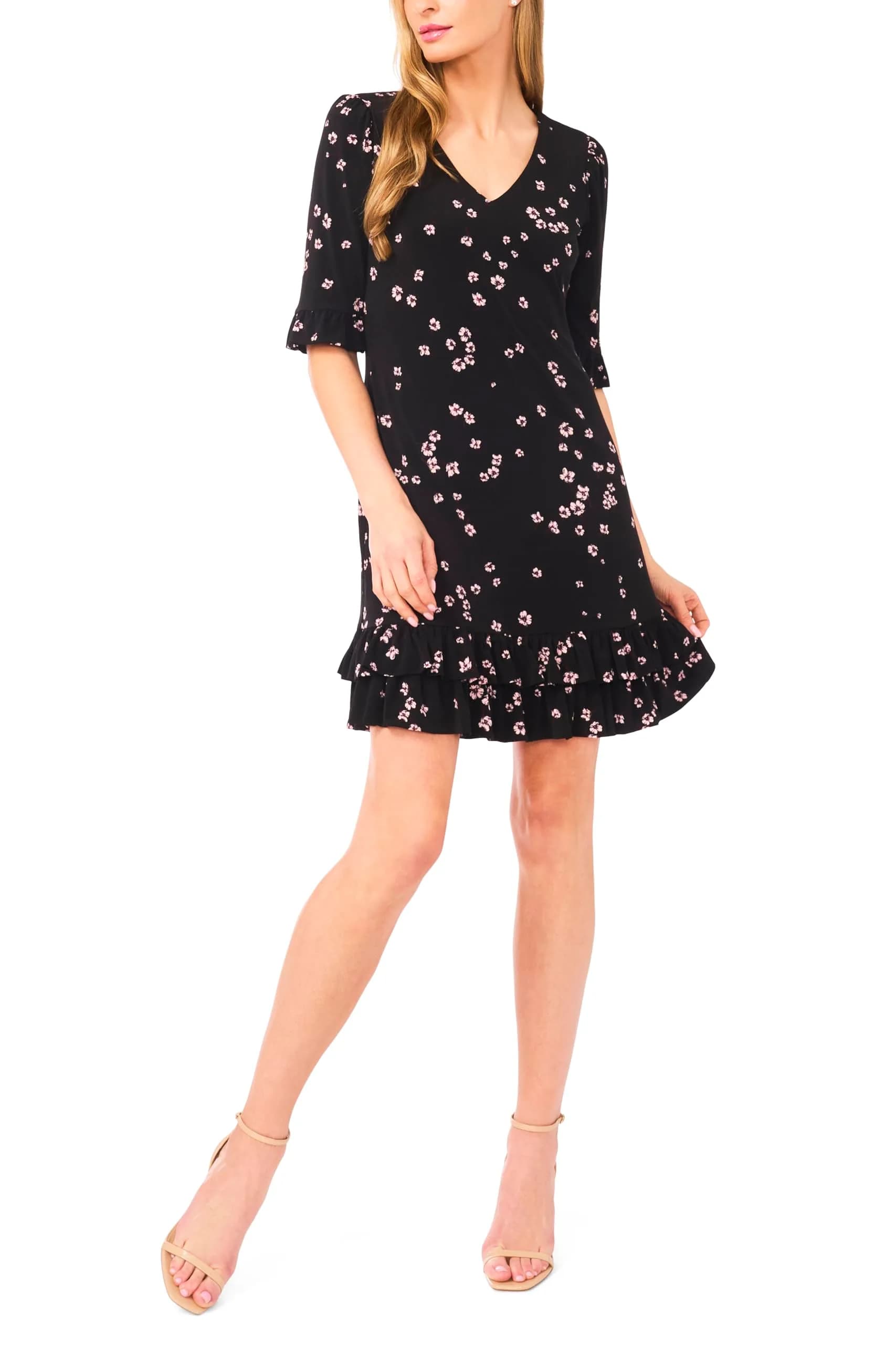 CeCe V-Neck Knit Ruffled Hem Mini Dress Rich Black | Comfortable & Polished for Day or Night