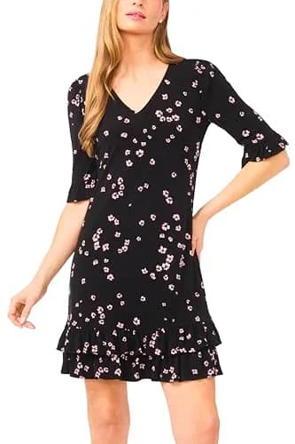 CeCe V-Neck Knit Ruffled Hem Mini Dress Rich Black | Comfortable & Polished for Day or Night thumbnail 2