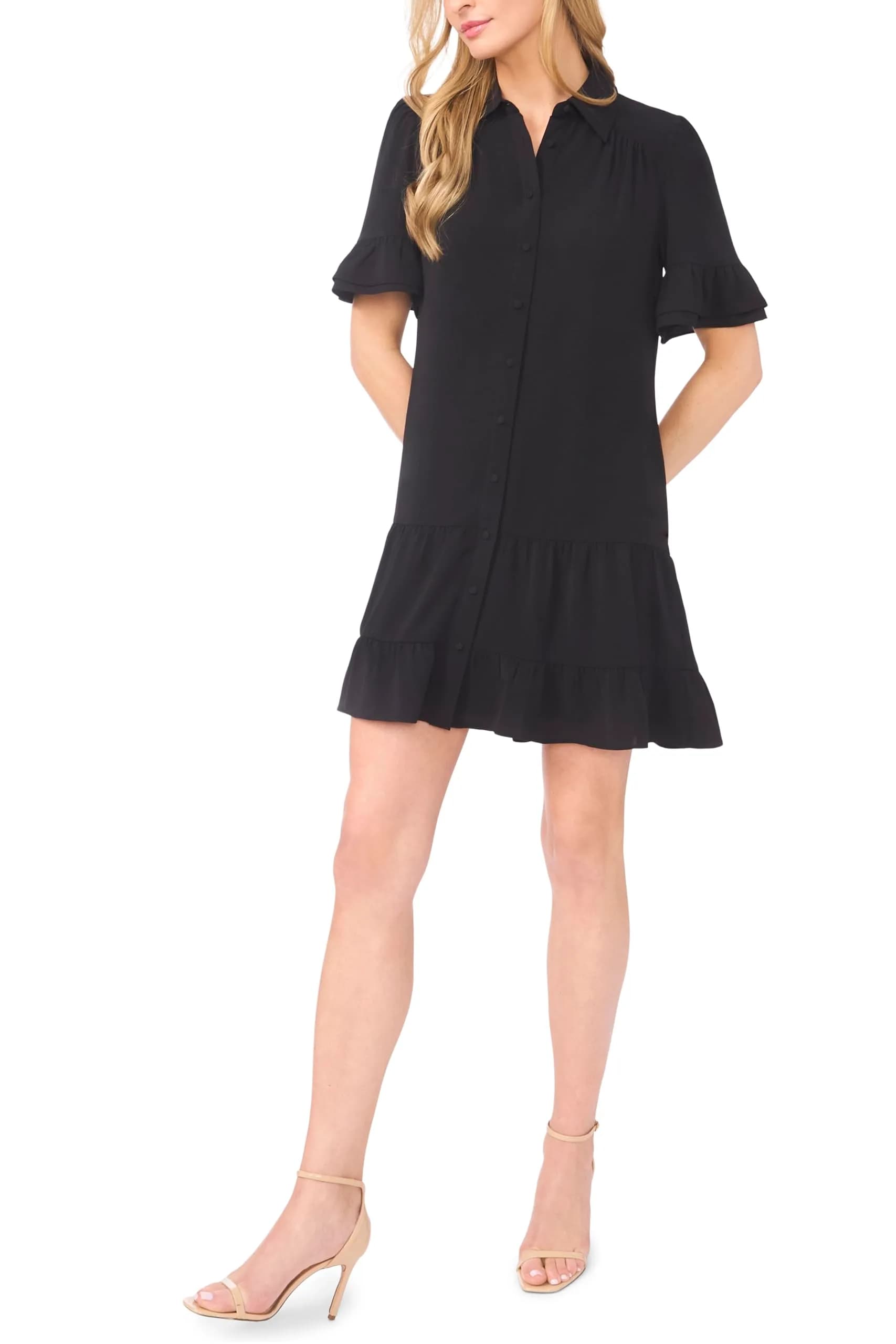 CeCe Double Ruffle Elbow Sleeve Tiered Mini Shirt Dress Rich Black | Romantic, Soft Texture, Versatile Fit