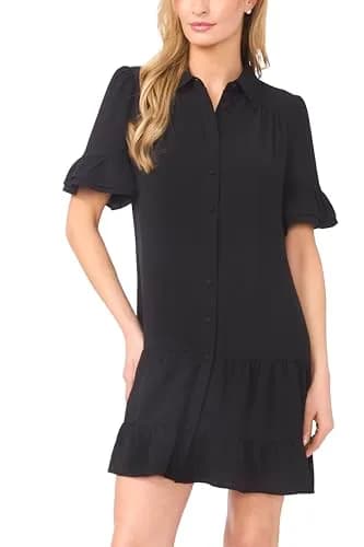CeCe Double Ruffle Elbow Sleeve Tiered Mini Shirt Dress Rich Black | Romantic, Soft Texture, Versatile Fit thumbnail 2