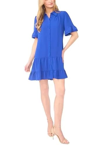 CeCe Double Ruffle Elbow Sleeve Tiered Mini Shirt Dress | Romantic, Soft Texture, Versatile Fit thumbnail 1