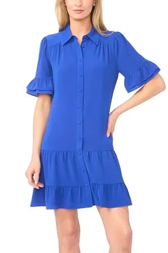 CeCe Double Ruffle Elbow Sleeve Tiered Mini Shirt Dress | Romantic, Soft Texture, Versatile Fit thumbnail 2