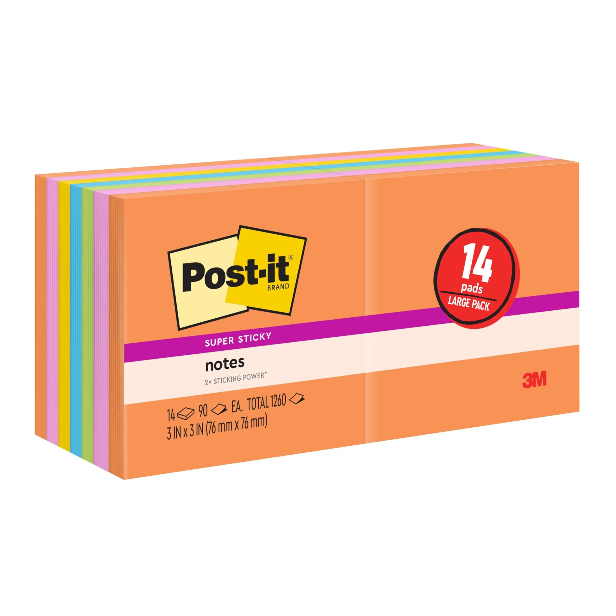 Post-it Super Sticky Notes, 192 Pads | 3 x 3 in, Supernova Neons Collection — 14 Pads – 90 Sheets Each