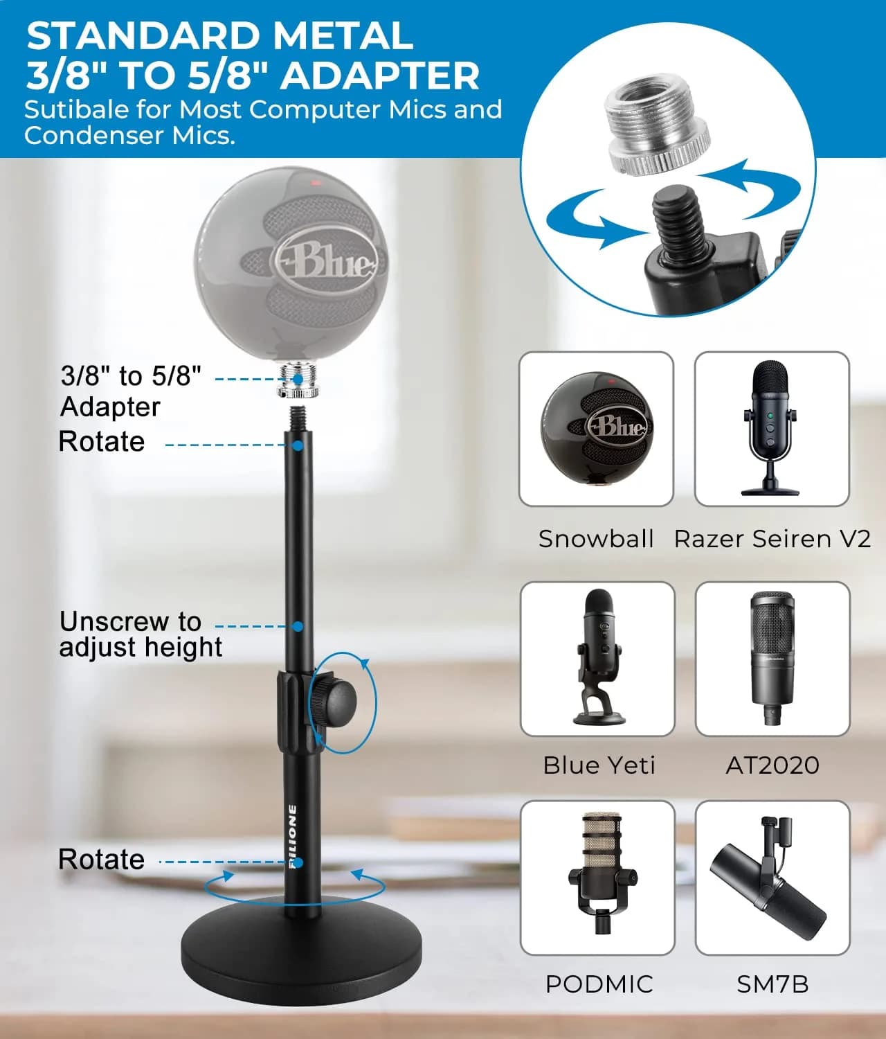 BILIONE Multifunctional Desktop Microphone Stand 2-Pack | Professional Recording Studio Equipment with Pop Filter & Shock Mount - view 6