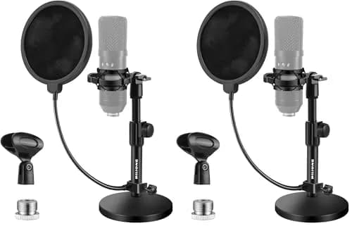 BILIONE Multifunctional Desktop Microphone Stand 2-Pack | Professional Recording Studio Equipment with Pop Filter & Shock Mount thumbnail 1