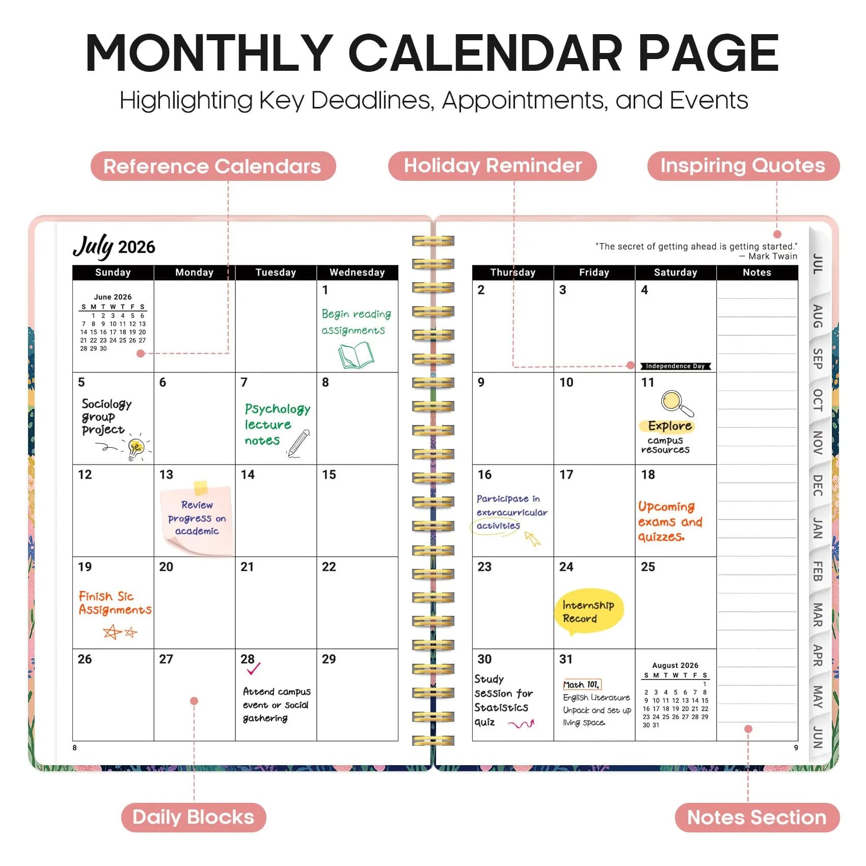 Taja Academic Planner 2026-2027, Jul 2026-Jun 2027 Monthly & Weekly Calendar Planner (A5 Size, 6.3"x8.5") | Acid-Free Paper Planner - view 2