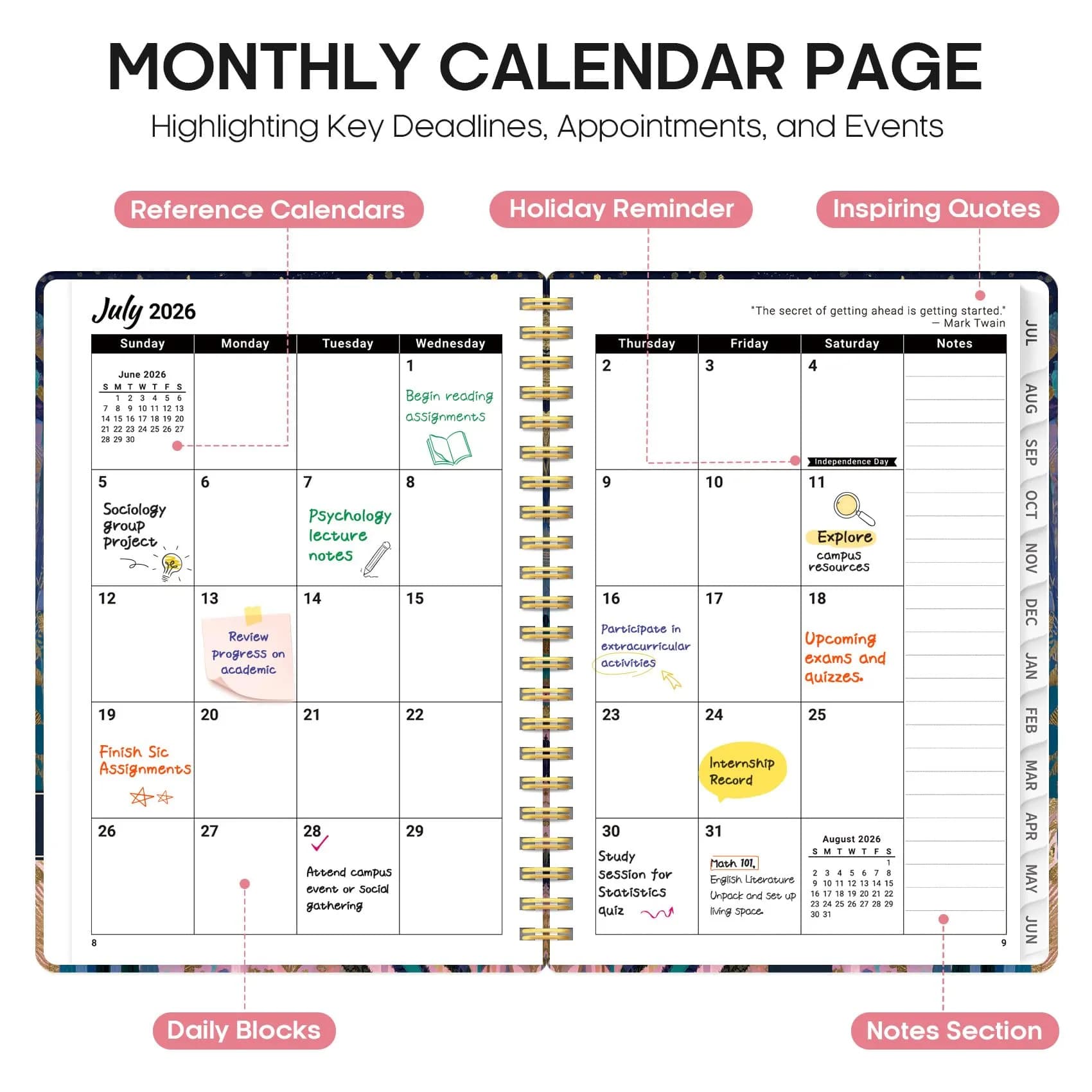 Taja Academic Planner 2026-2027, Jul 2026-Jun 2027 Monthly & Weekly Planner Calendar, 6.3"x8.5" (A5) | Structured Planning for Students & Professionals - view 2