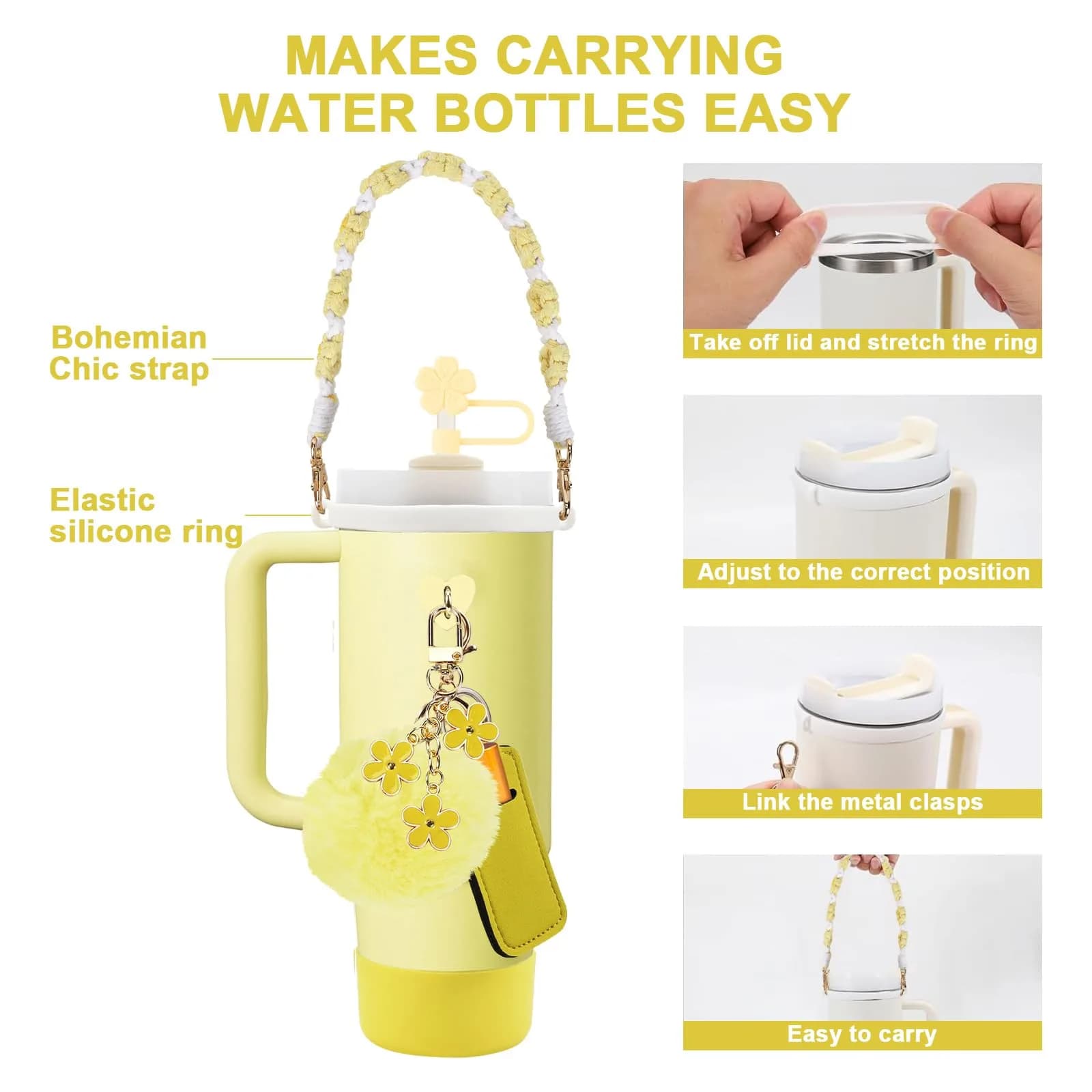 3tyto 13 Pcs Stanley Cup Accessories Set in Pomelo | Bohemian Woven Handle Strap & Silicone Boot - view 2
