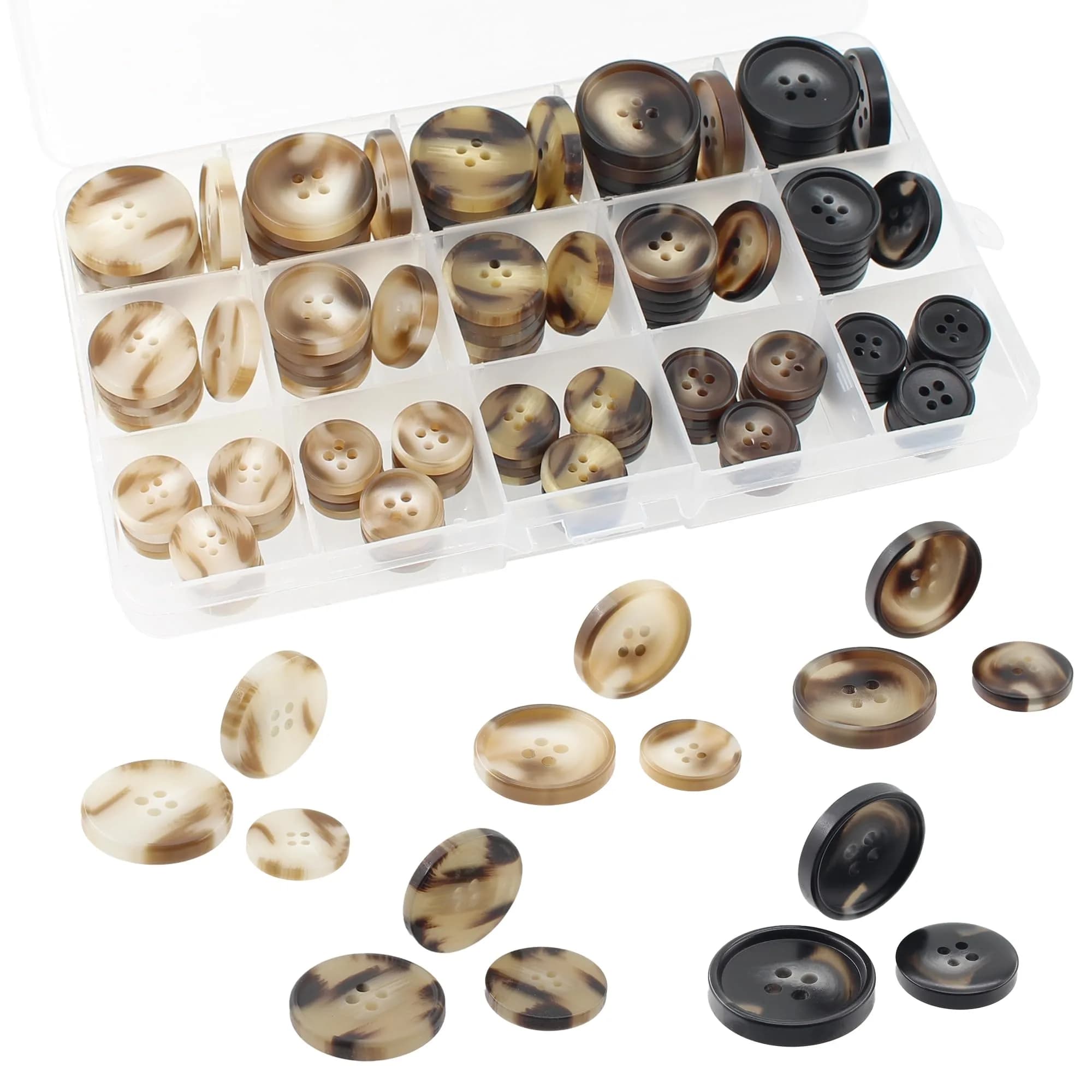 Renashed Faux Buffalo Horn Resin Buttons 15mm, 20mm, 25mm | 90-Piece Set for Suits & Coats — Light Brown Series