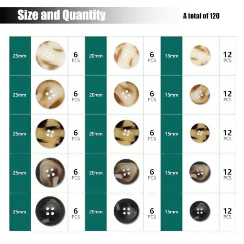 Renashed Faux Buffalo Horn Suit Coat Buttons 15mm, 20mm, 25mm (120-Piece Set) | Resin Buttons for Coats, Jackets, and Crafts thumbnail 3