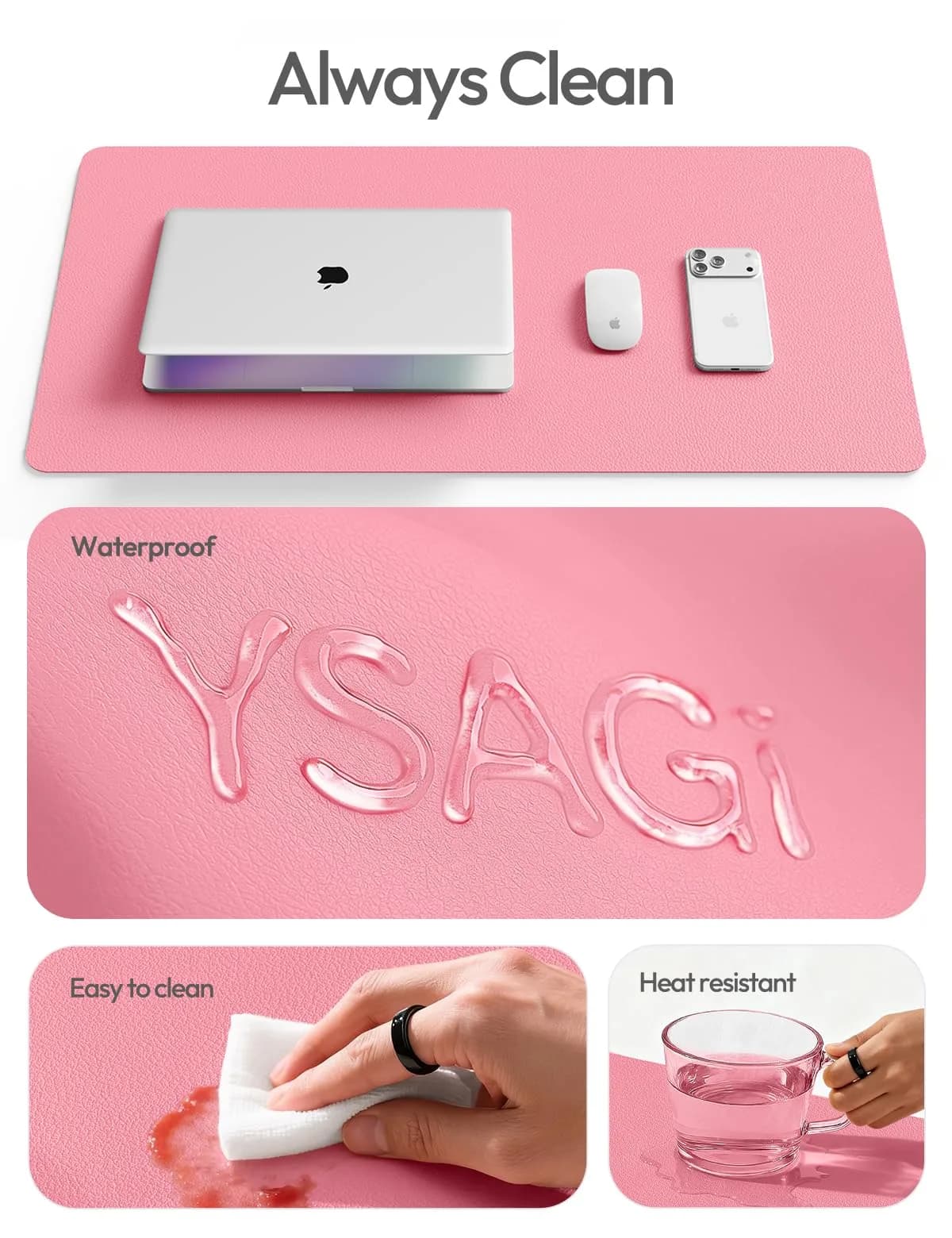 YSAGi Pink Leather Desk Pad Protector 140cm x 61cm (55" x 24") | Protects Desks, Doubles as Large Mouse Pad - view 9