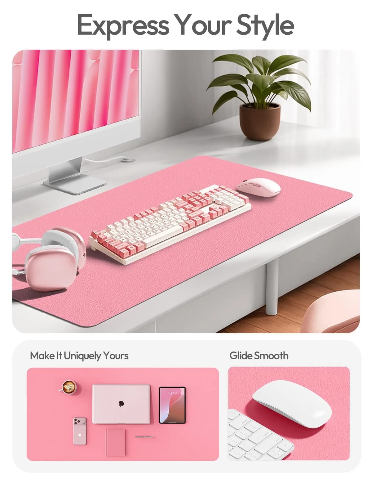 YSAGi Pink Leather Desk Pad Protector 140cm x 61cm (55" x 24") | Protects Desks, Doubles as Large Mouse Pad - view 3