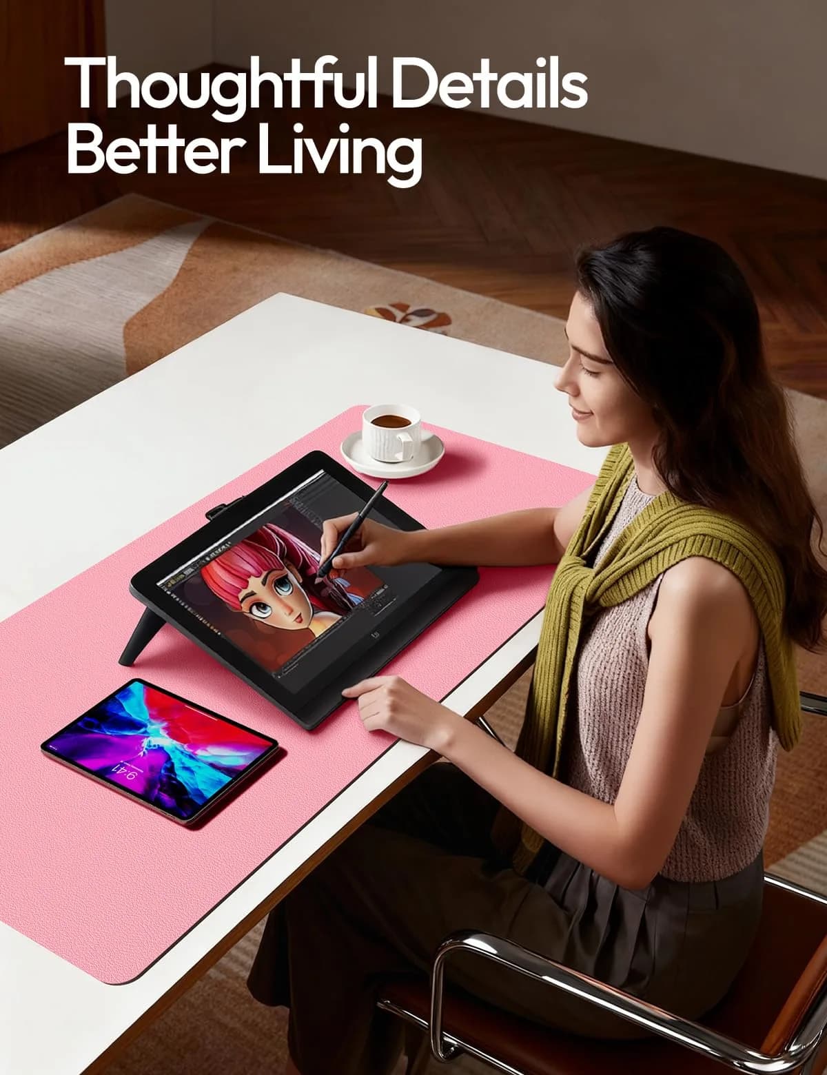 YSAGi Pink Leather Desk Pad Protector 140cm x 61cm (55" x 24") | Protects Desks, Doubles as Large Mouse Pad - view 4
