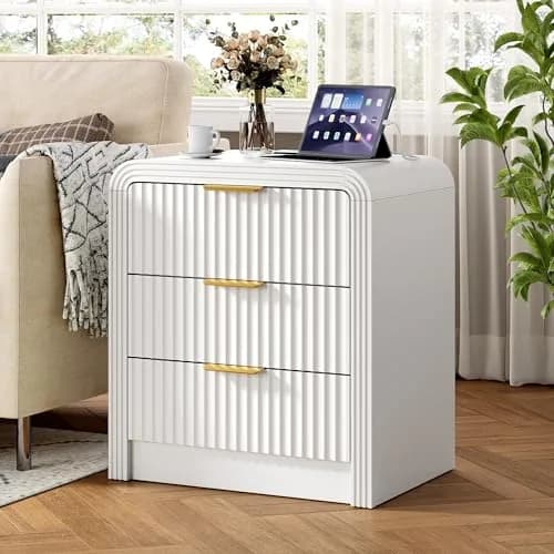 Decofy Fluted 3-Drawer Nightstand with Charging Station, Pure White | Modern Bedroom Side Table with USB-C & USB-A Ports thumbnail 1