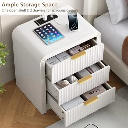 Decofy Fluted 3-Drawer Nightstand with Charging Station, Pure White | Modern Bedroom Side Table with USB-C & USB-A Ports thumbnail 4