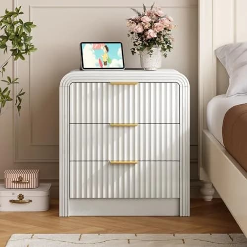 Decofy Fluted 3-Drawer Nightstand with Charging Station, Pure White | Modern Bedroom Side Table with USB-C & USB-A Ports thumbnail 6