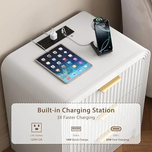 Decofy Fluted 3-Drawer Nightstand with Charging Station, Pure White | Modern Bedroom Side Table with USB-C & USB-A Ports thumbnail 2