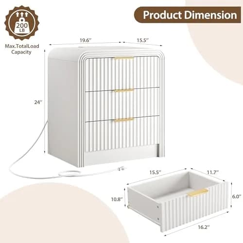 Decofy Fluted 3-Drawer Nightstand with Charging Station, Pure White | Modern Bedroom Side Table with USB-C & USB-A Ports thumbnail 3