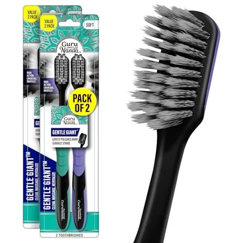 GuruNanda Gentle Giant Charcoal Toothbrush - Dual Action Flossing Spiral Bristles, Non-Slip Ergo Dexa Grip Handle, 2ct (Pack of 2) thumbnail 1