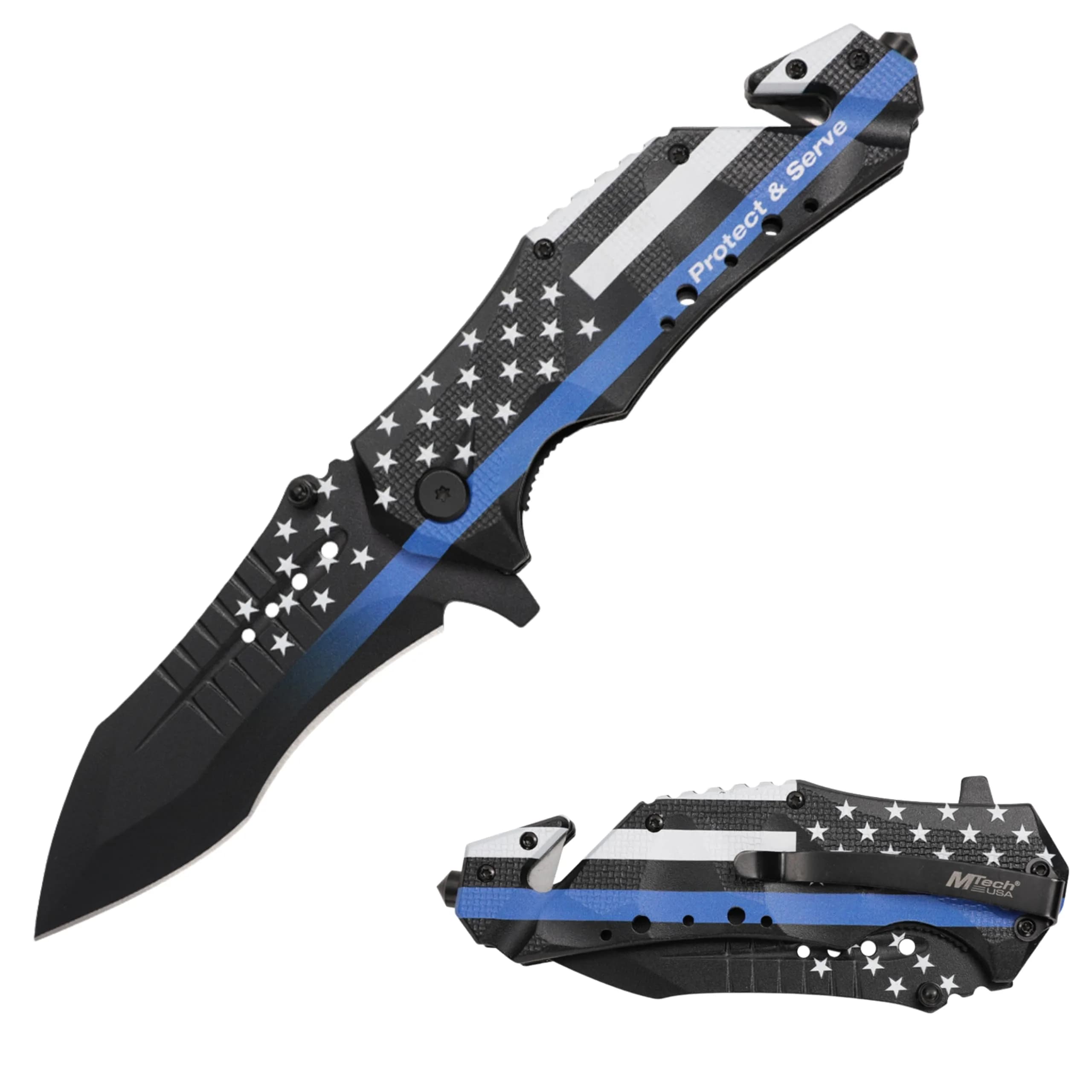 MTECH USA Folding Pocket Knife, Blue Line American Flag, 8.5 Inch Overall | Tactical Rescue & Everyday Carry