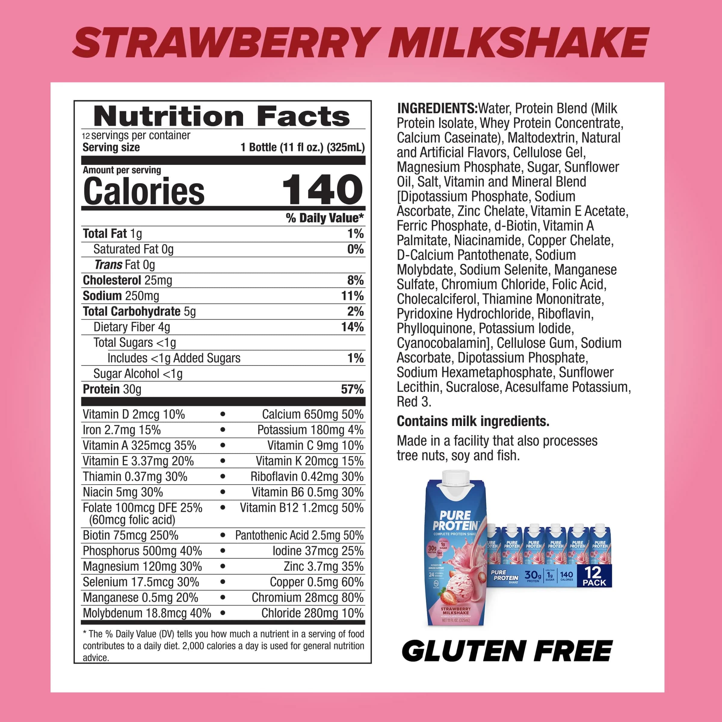 Pure Protein Strawberry Protein Shake Ready to Drink 325ml (11 Fl Oz) (Pack of 24) | 30g Complete Protein - view 3