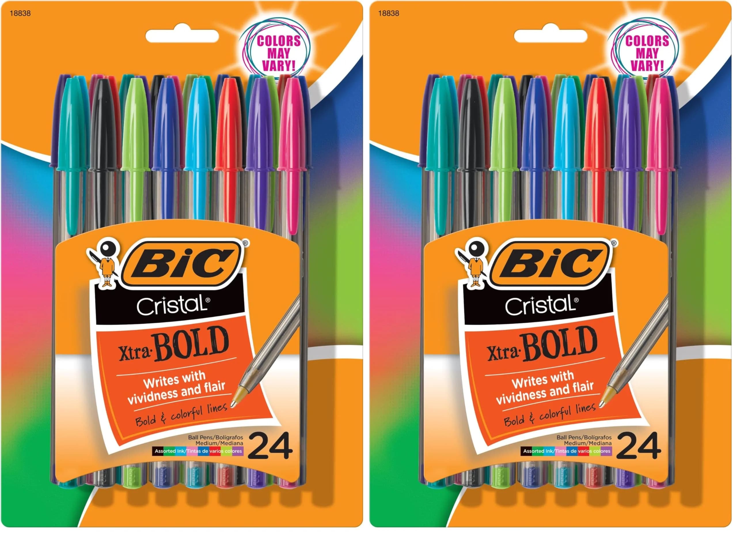 BIC Cristal Xtra Bold Ballpoint Pens, Vivid Assorted Ink, 1.6mm Bold Point, 24 Count (Pack of 2) - main product image
